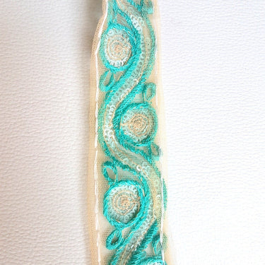 Beige Net Lace Trim With Blue Embroidery And Sequins, Approx. 35mm wide